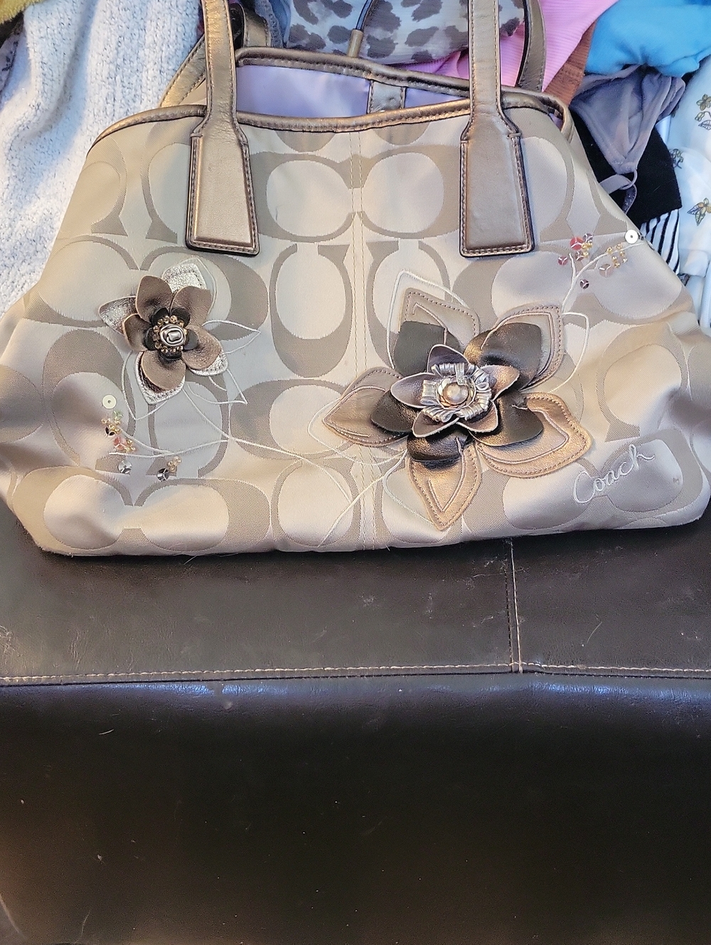 Coach Beige Floral Appliqué Tote with Metallic Accents